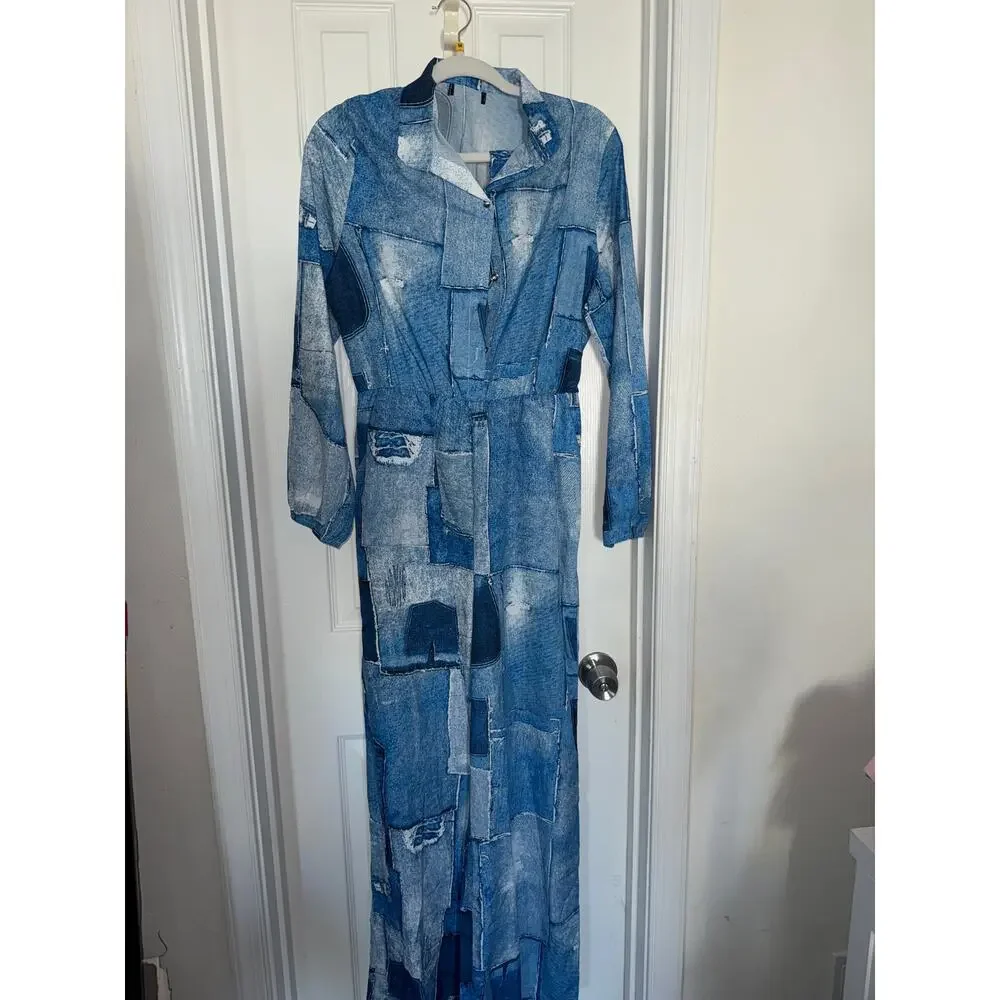 Denim Print Long Sleeve Shirt Straight Tube Jumpsuit Women Jeans High Waist M